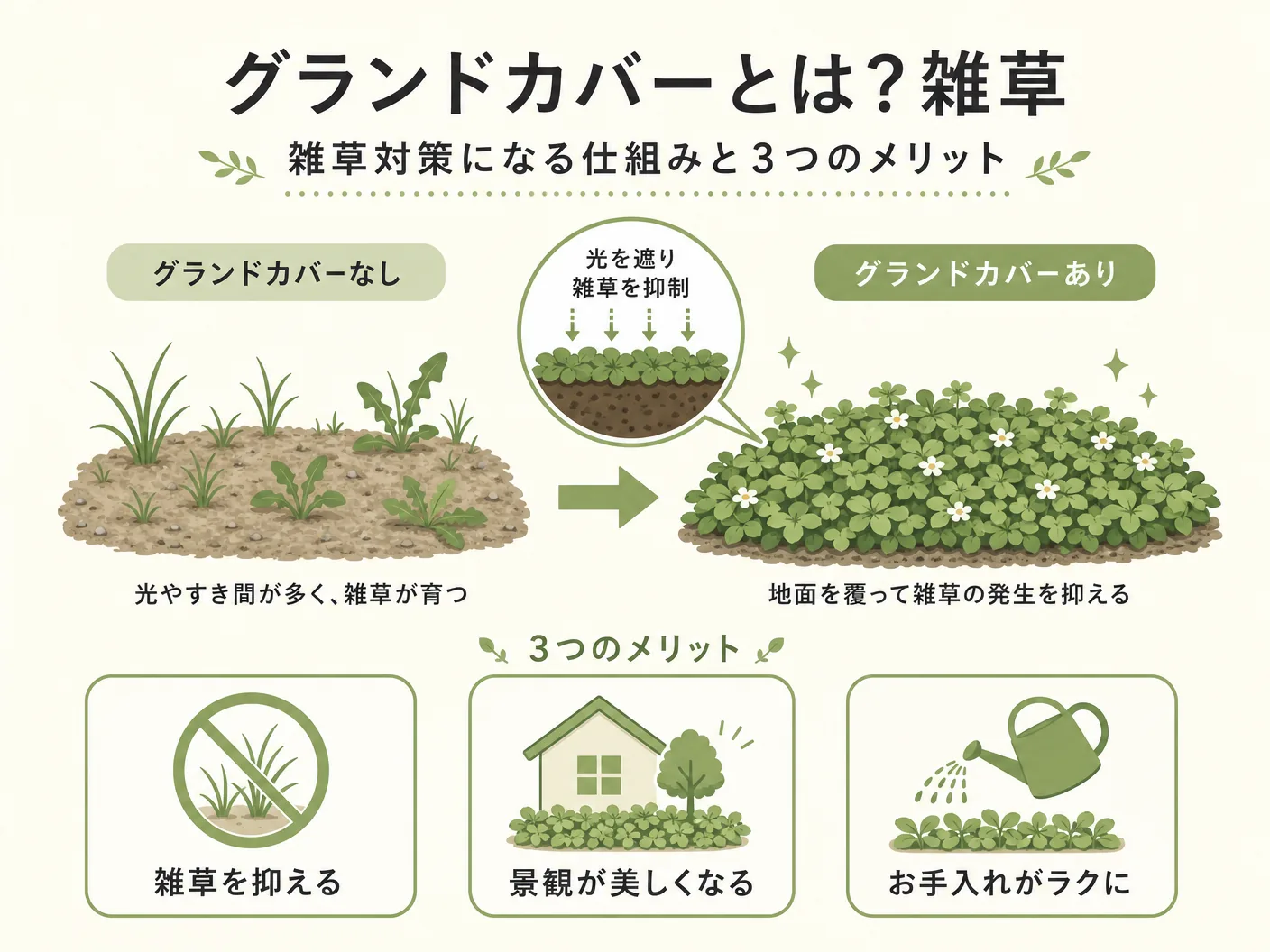 グランドカバーとは？雑草対策になる仕組みと3つのメリットを表す図解イラスト
