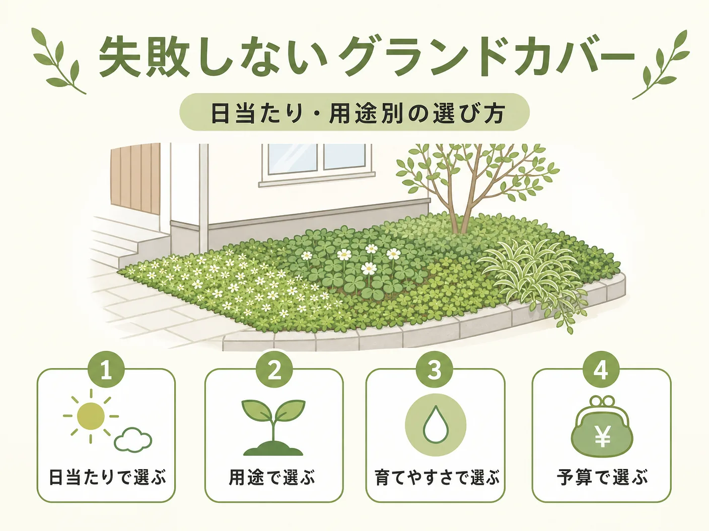 雑草対策の失敗しないグランドカバーの選び方【日当たり・用途別】を表す図解イラスト