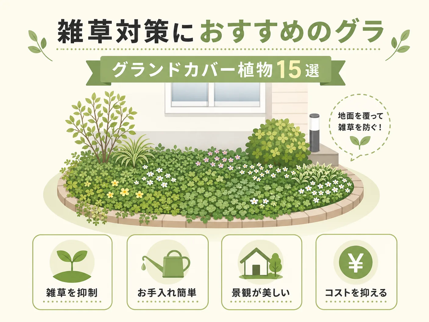 雑草対策におすすめのグランドカバー植物15選を表す図解イラスト