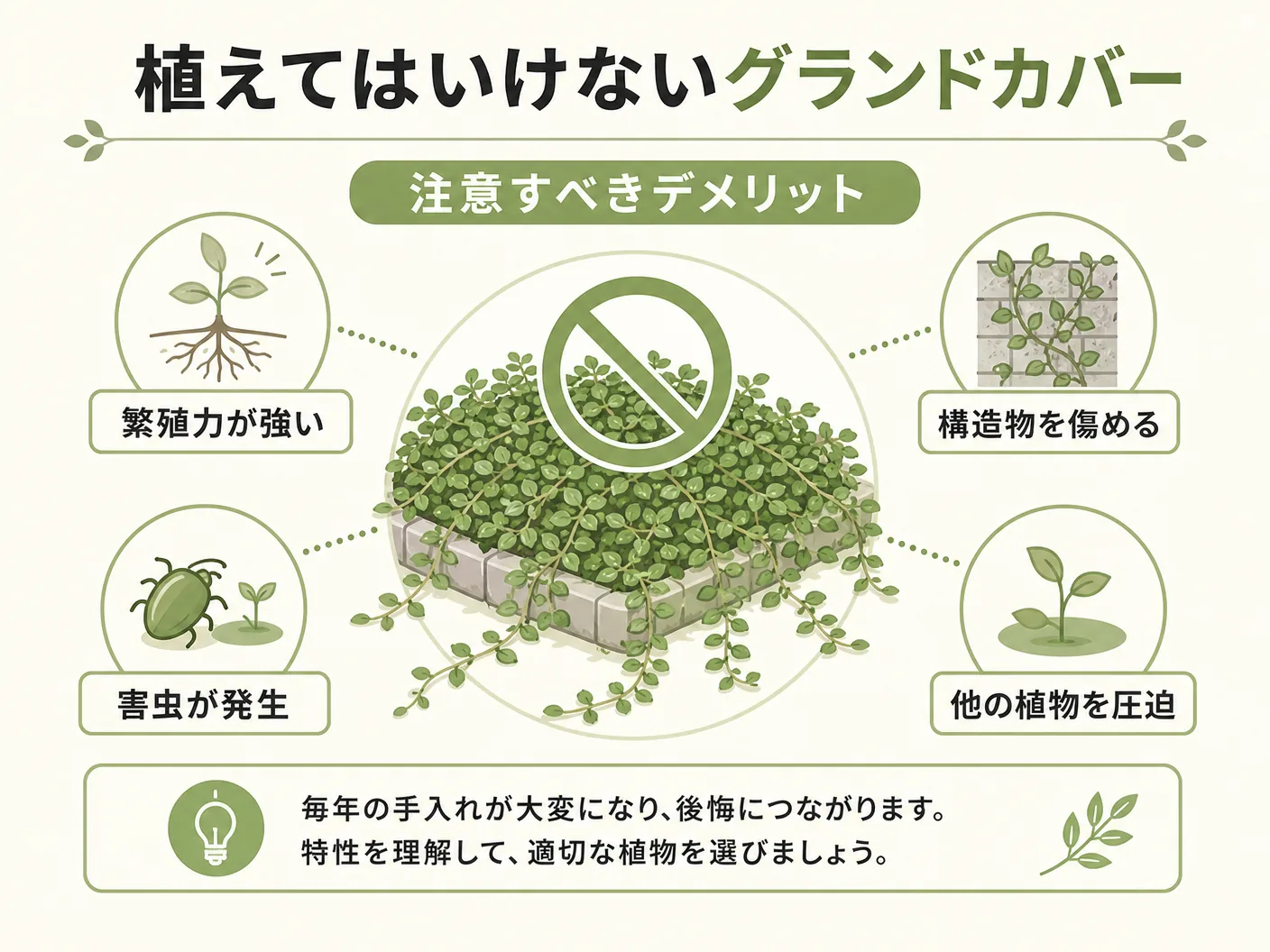 雑草対策の植えてはいけないグランドカバーと注意すべきデメリットを表す図解イラスト