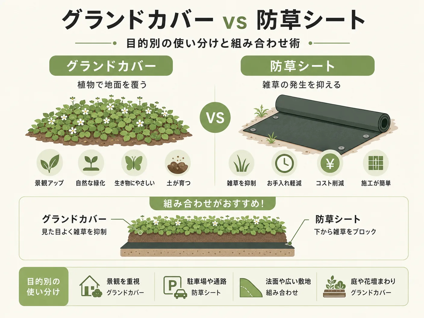 雑草対策のグランドカバーvs防草シート：目的別の使い分けと組み合わせ術を表す図解イラスト