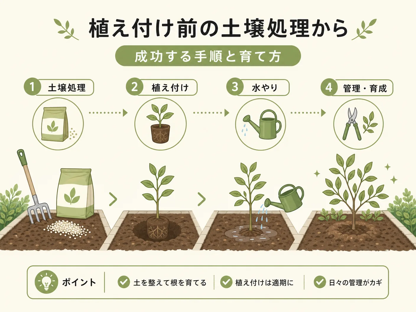 グランドカバー 雑草対策の植え付け前の土壌処理から管理まで：成功する手順と育て方を表す図解イラスト