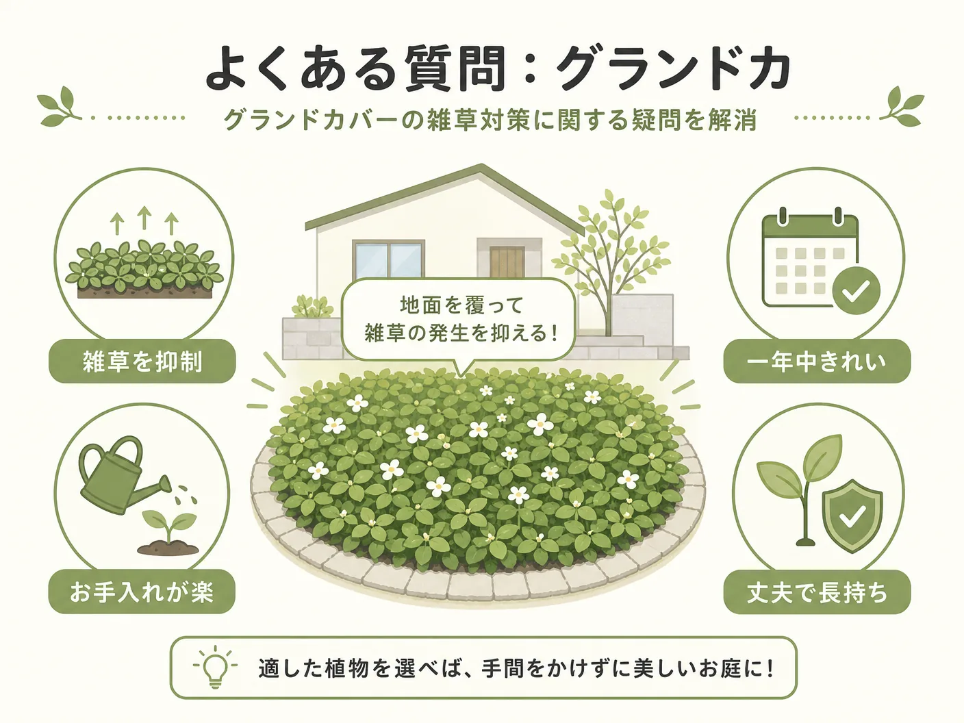 よくある質問：グランドカバーの雑草対策に関する疑問を解消を表す図解イラスト