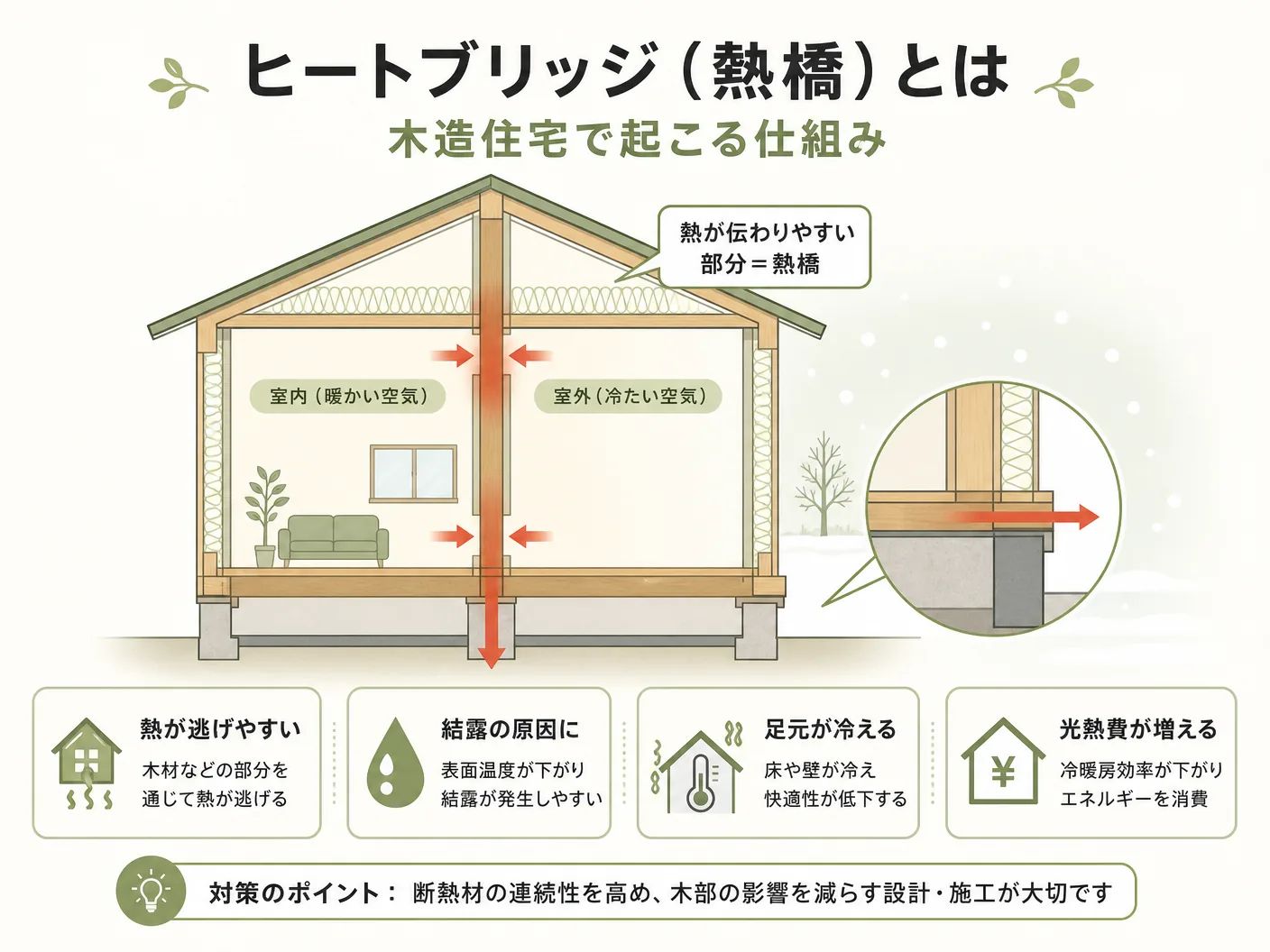 ヒートブリッジ(熱橋)とは何か?木造住宅で起こる仕組みを表す図解イラスト