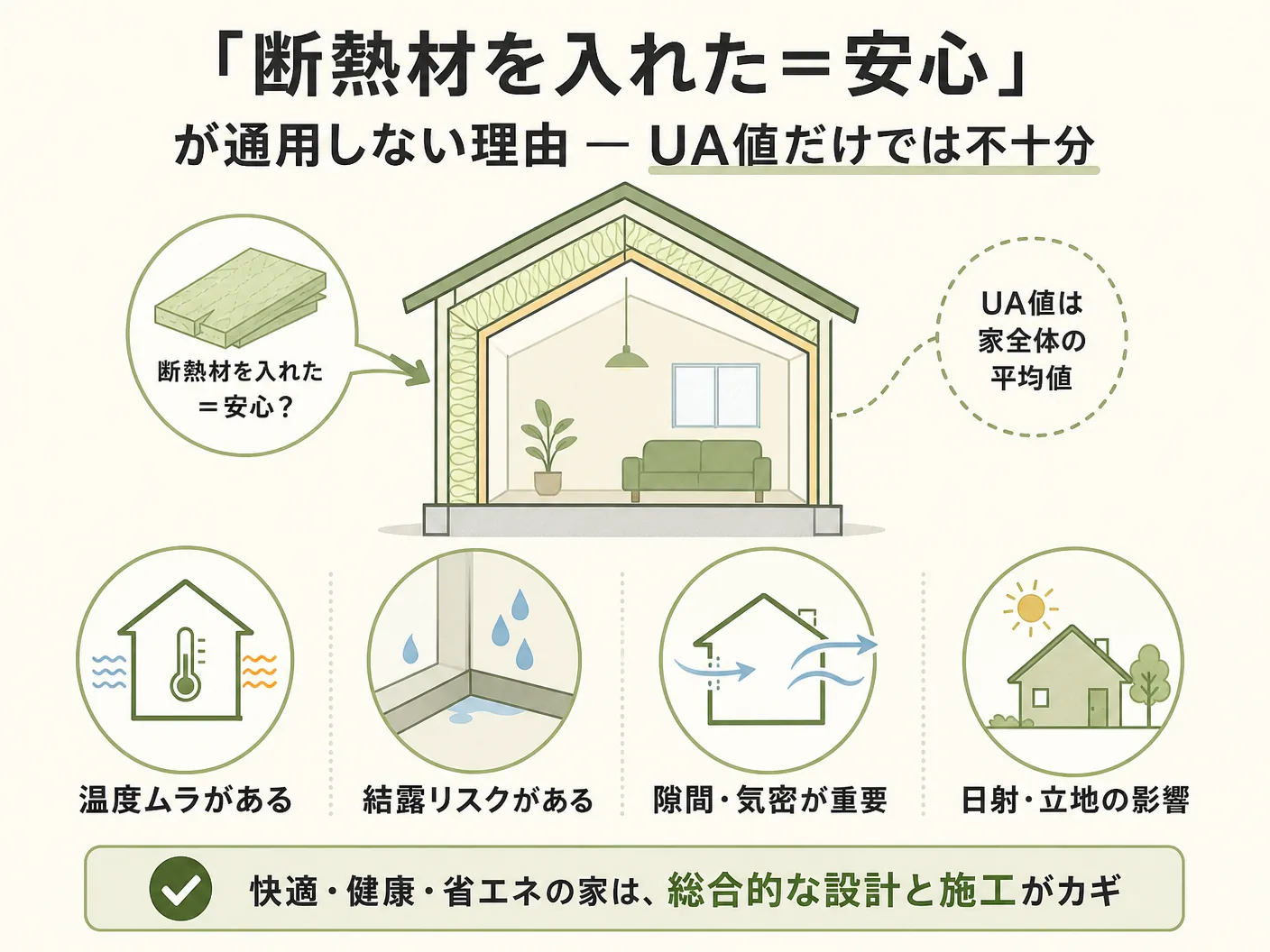 ヒートブリッジ 木造住宅の「断熱材を入れた=安心」が通用しない理由―UA値だけでは不十分を表す図解イラスト