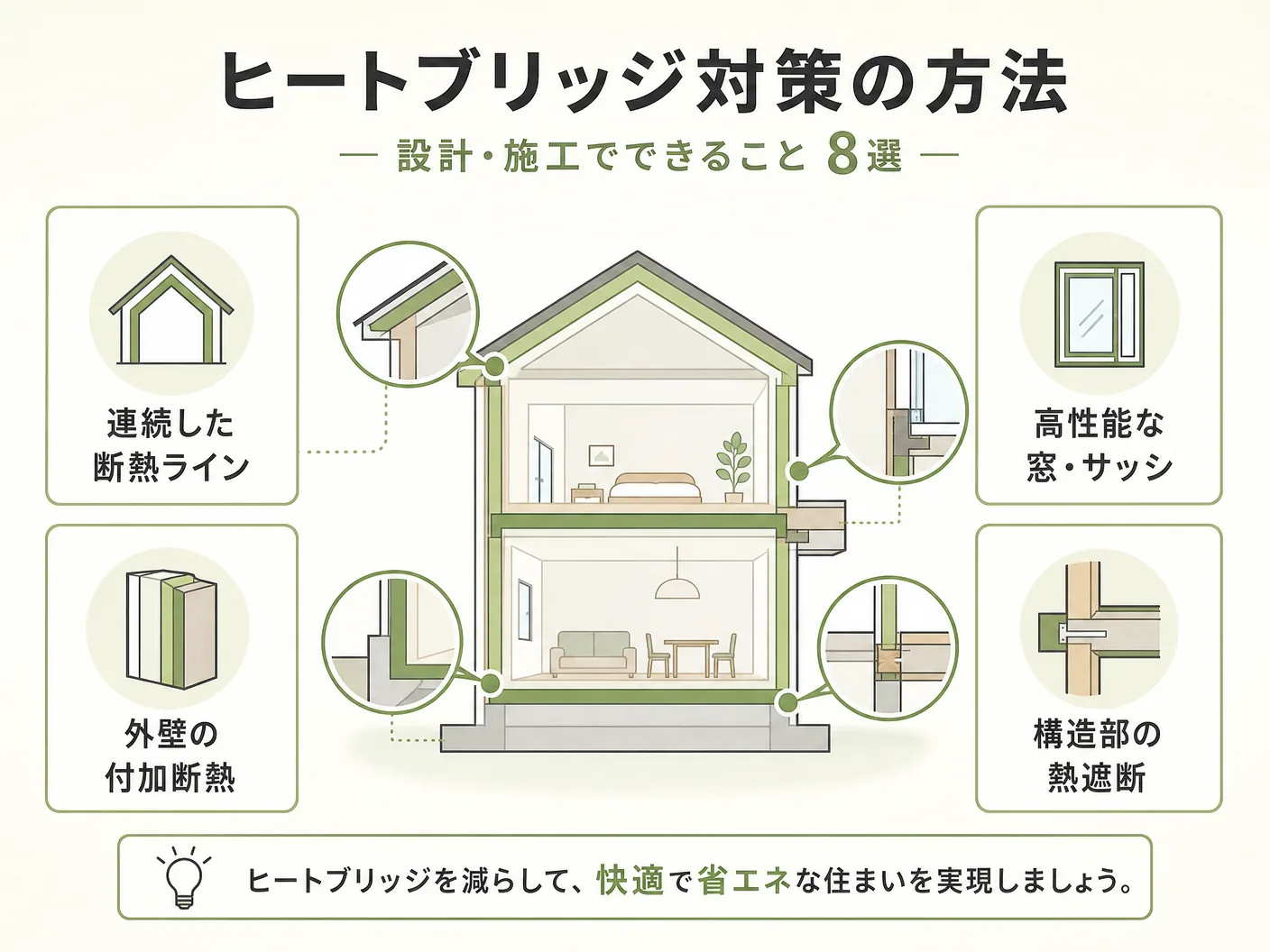 木造住宅のヒートブリッジ対策の方法8選―設計・施工でできることを表す図解イラスト