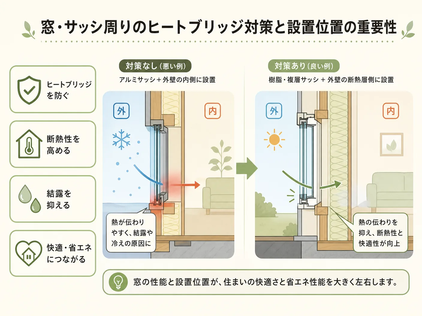 木造住宅の窓・サッシ周りのヒートブリッジ対策と設置位置の重要性を表す図解イラスト