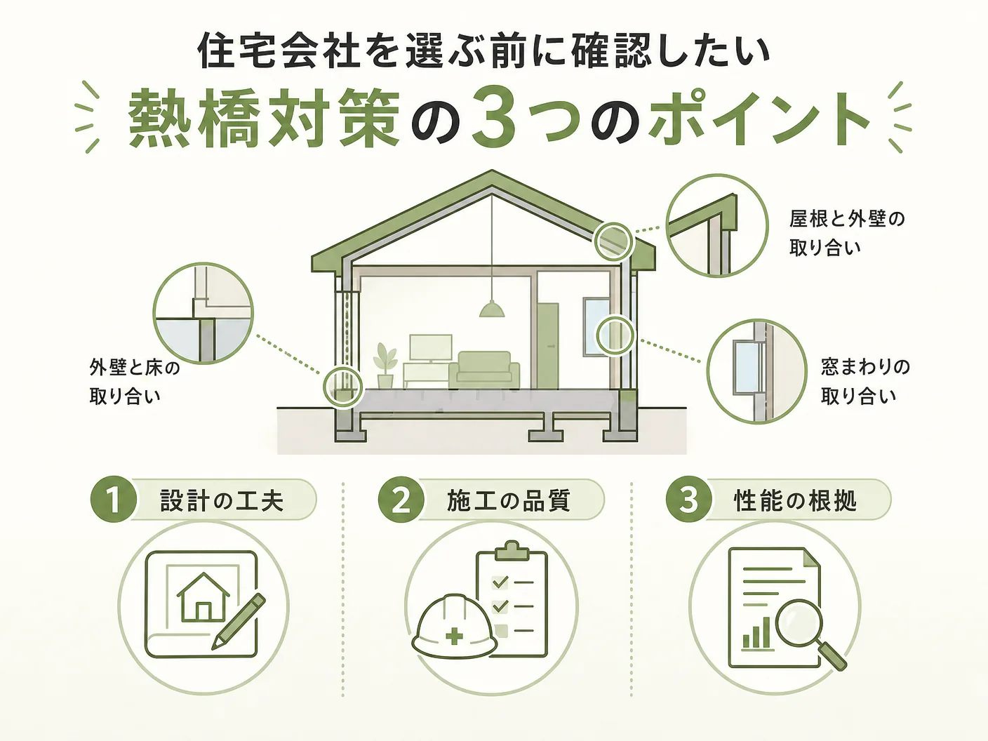 ヒートブリッジ 木造住宅の住宅会社を選ぶ前に確認したい熱橋対策の3つのポイントを表す図解イラスト