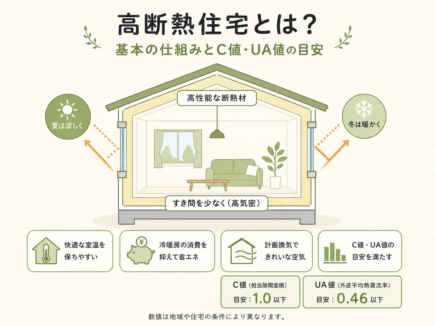 後悔の高断熱住宅とは？基本の仕組みとC値・UA値の目安を表す図解イラスト