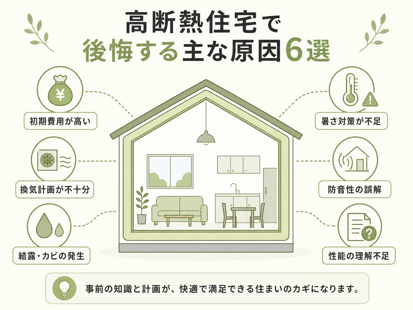 高断熱住宅で後悔する主な原因6選を表す図解イラスト