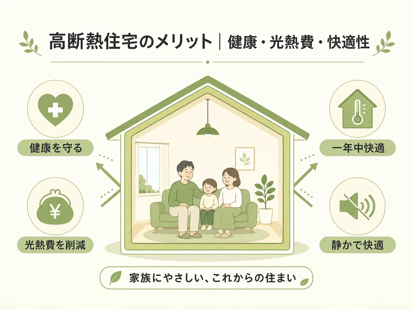 後悔の高断熱住宅のメリット｜健康・光熱費・快適性を表す図解イラスト