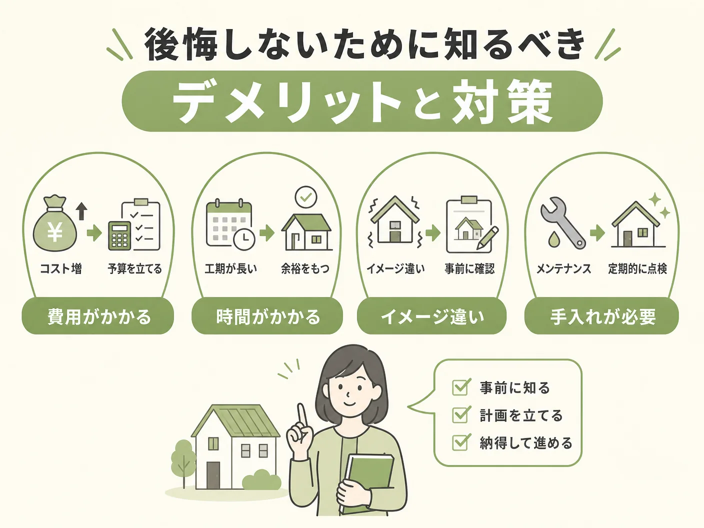 高断熱住宅の後悔しないために知るべきデメリットと対策を表す図解イラスト