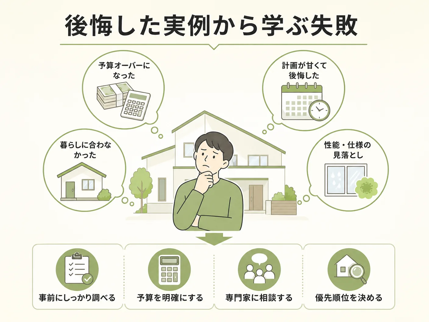 高断熱住宅の後悔した実例から学ぶ失敗パターンを表す図解イラスト