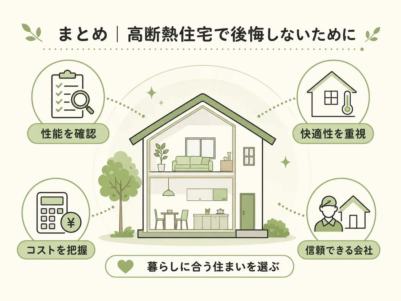 まとめ｜高断熱住宅で後悔しないためにを表す図解イラスト