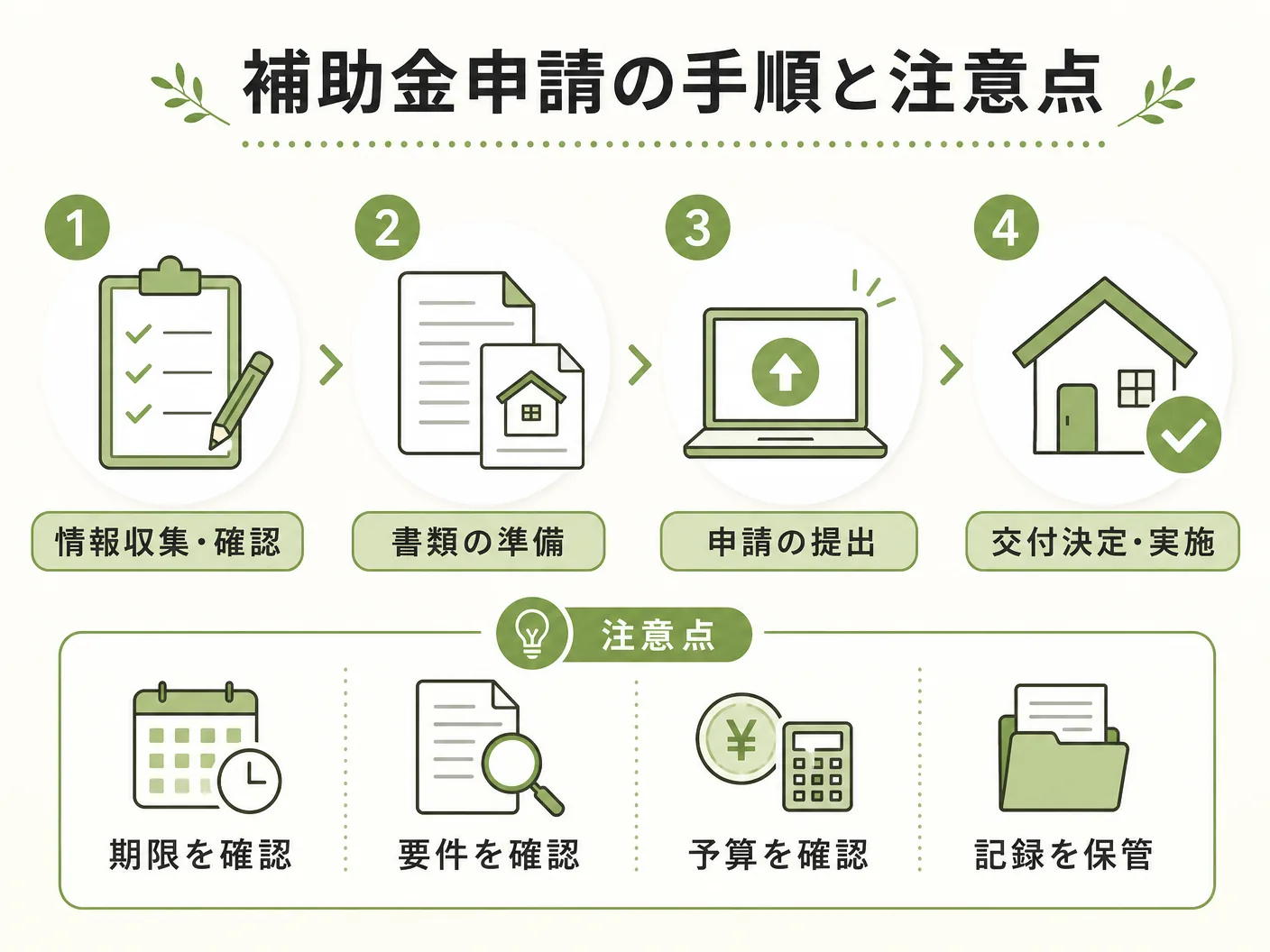 家庭用蓄電池の補助金申請の手順と注意点を表す図解イラスト
