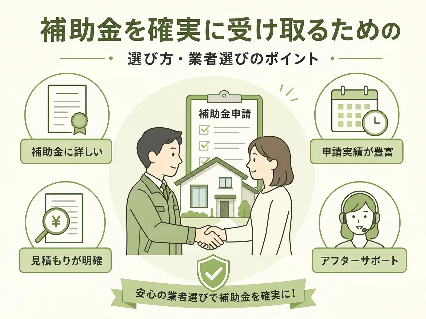 家庭用蓄電池の補助金を確実に受け取るための選び方・業者選びのポイントを表す図解イラスト