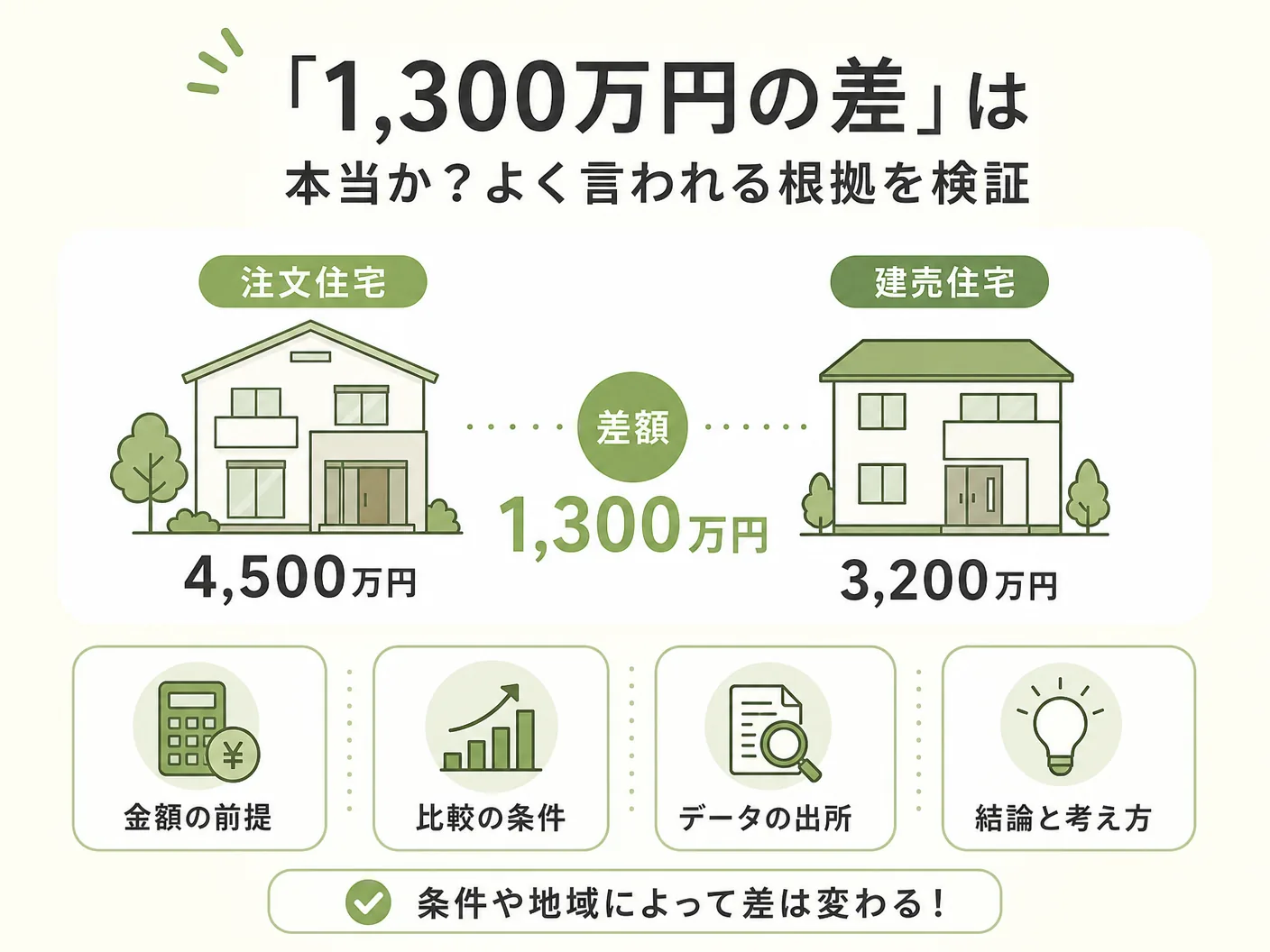 持ち家 vs 賃貸 どちらが得かの「1,300万円の差」は本当か？よく言われる根拠を検証を表す図解イラスト