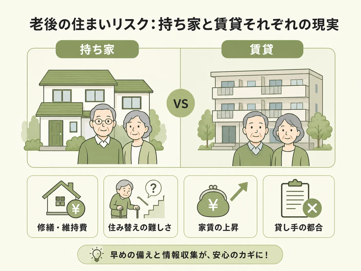 vs どちらが得かの老後の住まいリスク：持ち家と賃貸それぞれの現実を表す図解イラスト