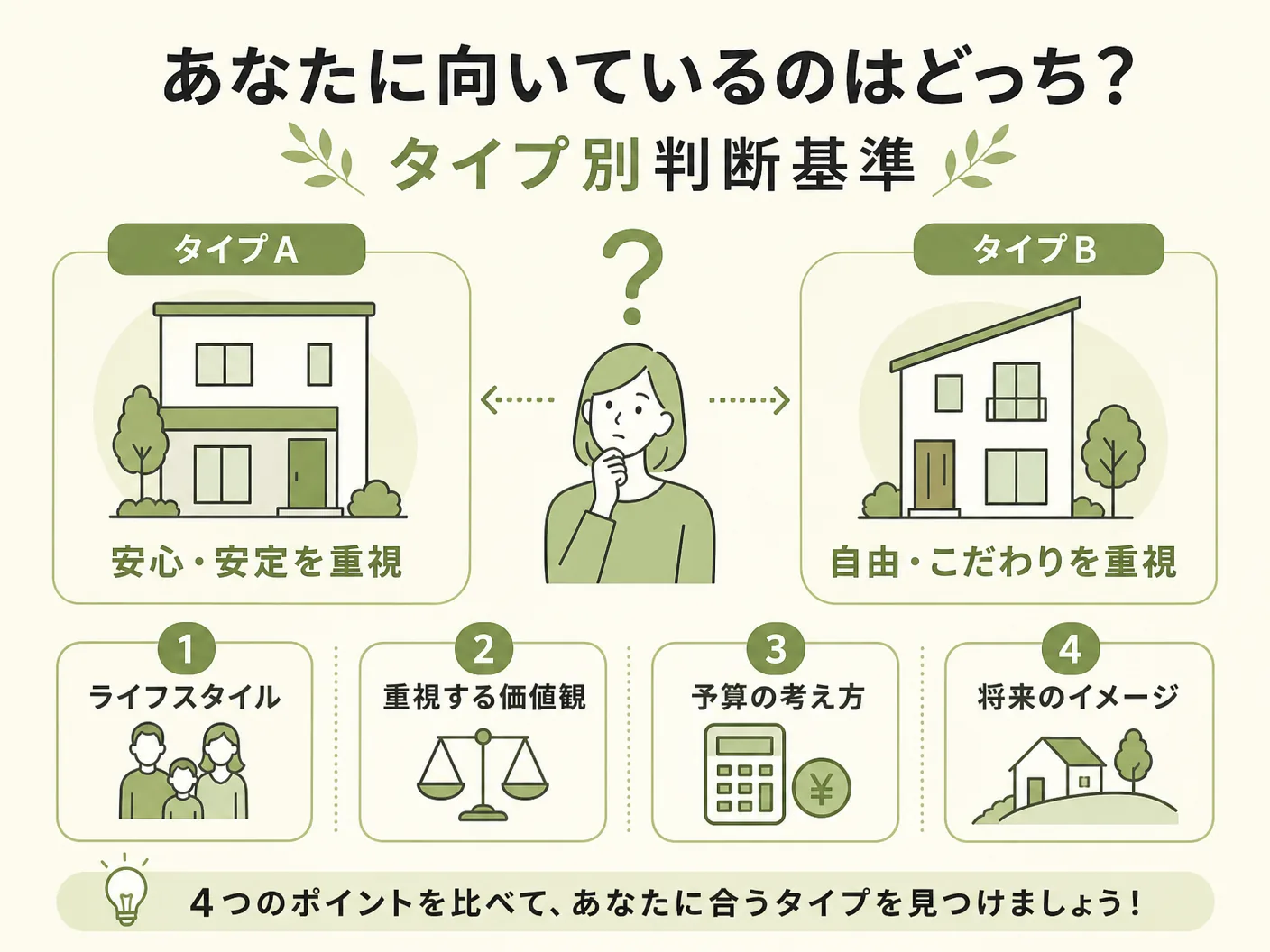 持ち家 vs 賃貸 どちらが得かのあなたに向いているのはどっち？タイプ別判断基準を表す図解イラスト