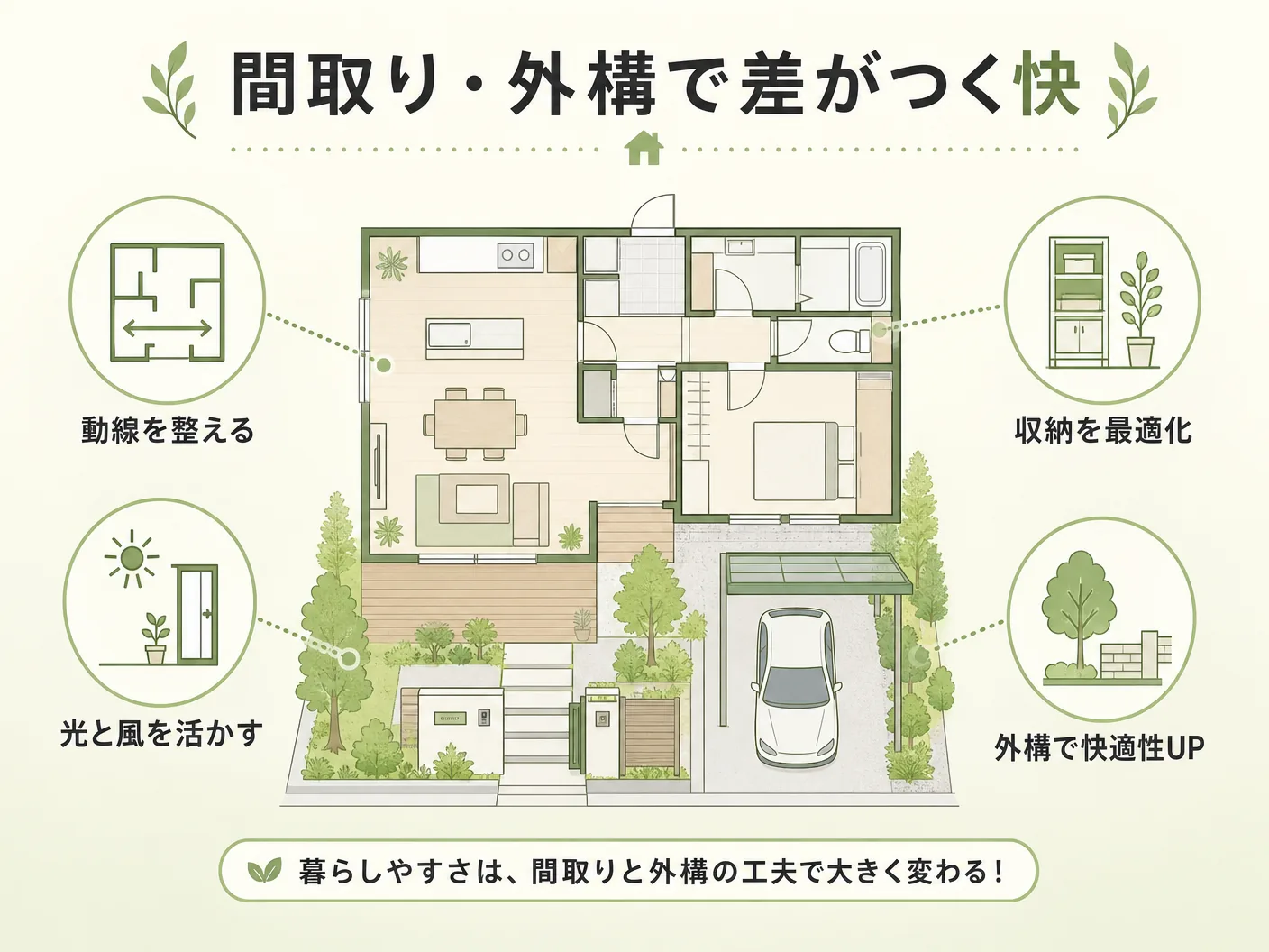 幹線道路沿いの家の間取り・外構で差がつく快適化テクニックを表す図解イラスト