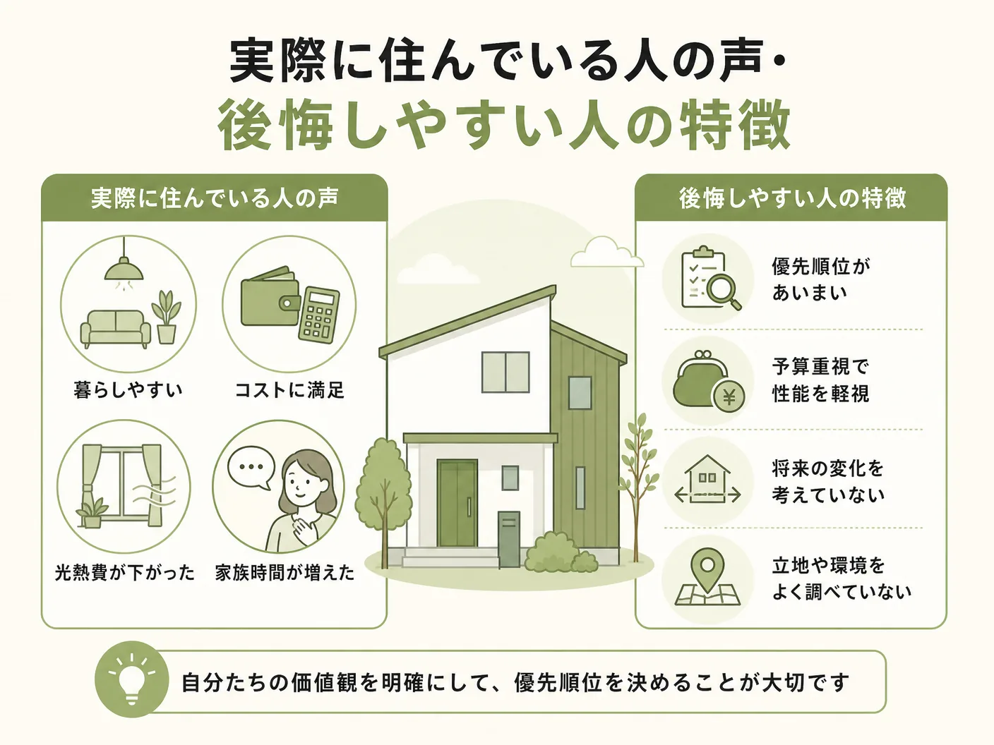 幹線道路沿いの家の実際に住んでいる人の声・後悔しやすい人の特徴を表す図解イラスト
