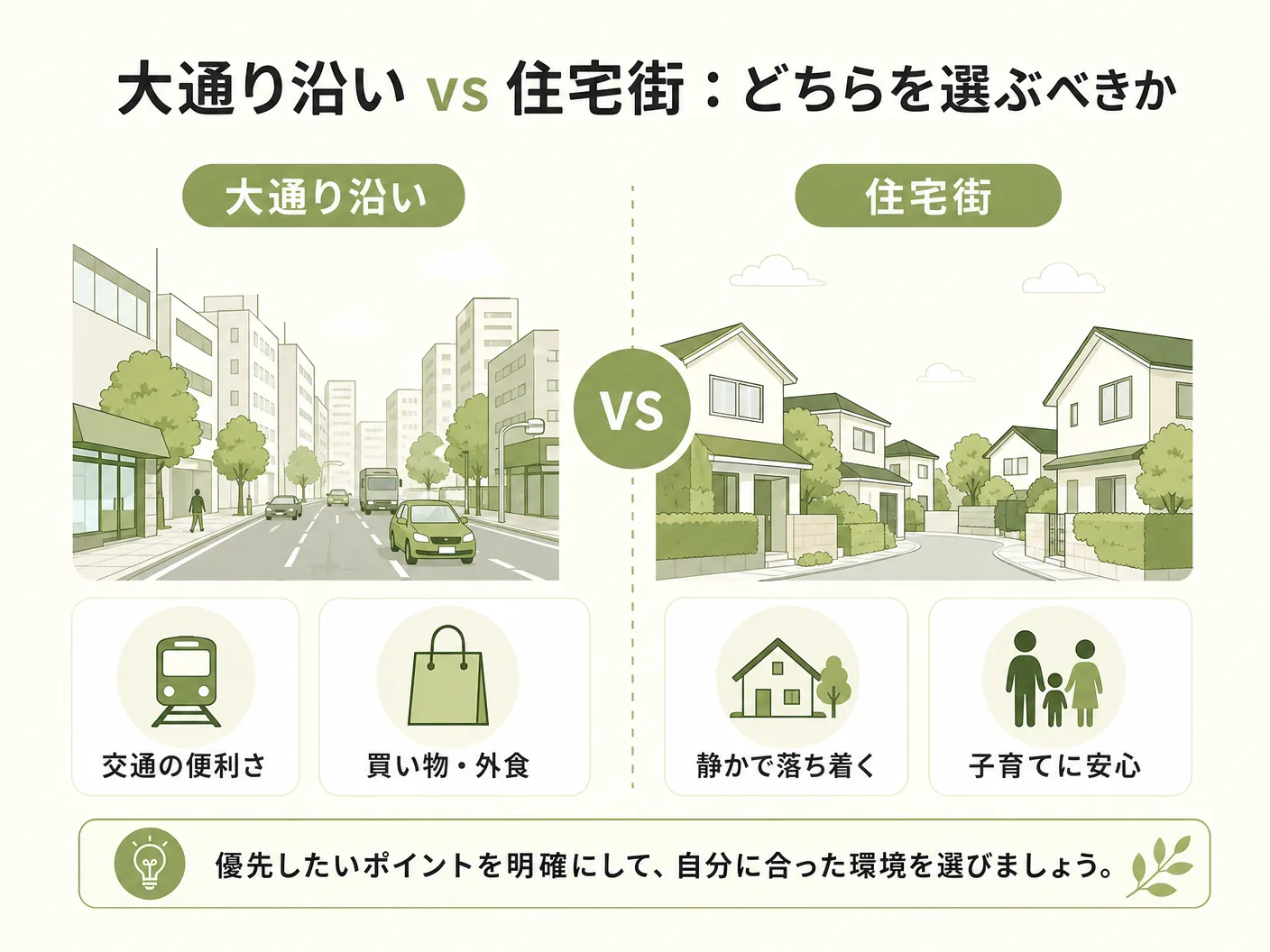 幹線道路沿いの家の大通り沿いvs住宅街：どちらを選ぶべきかを表す図解イラスト