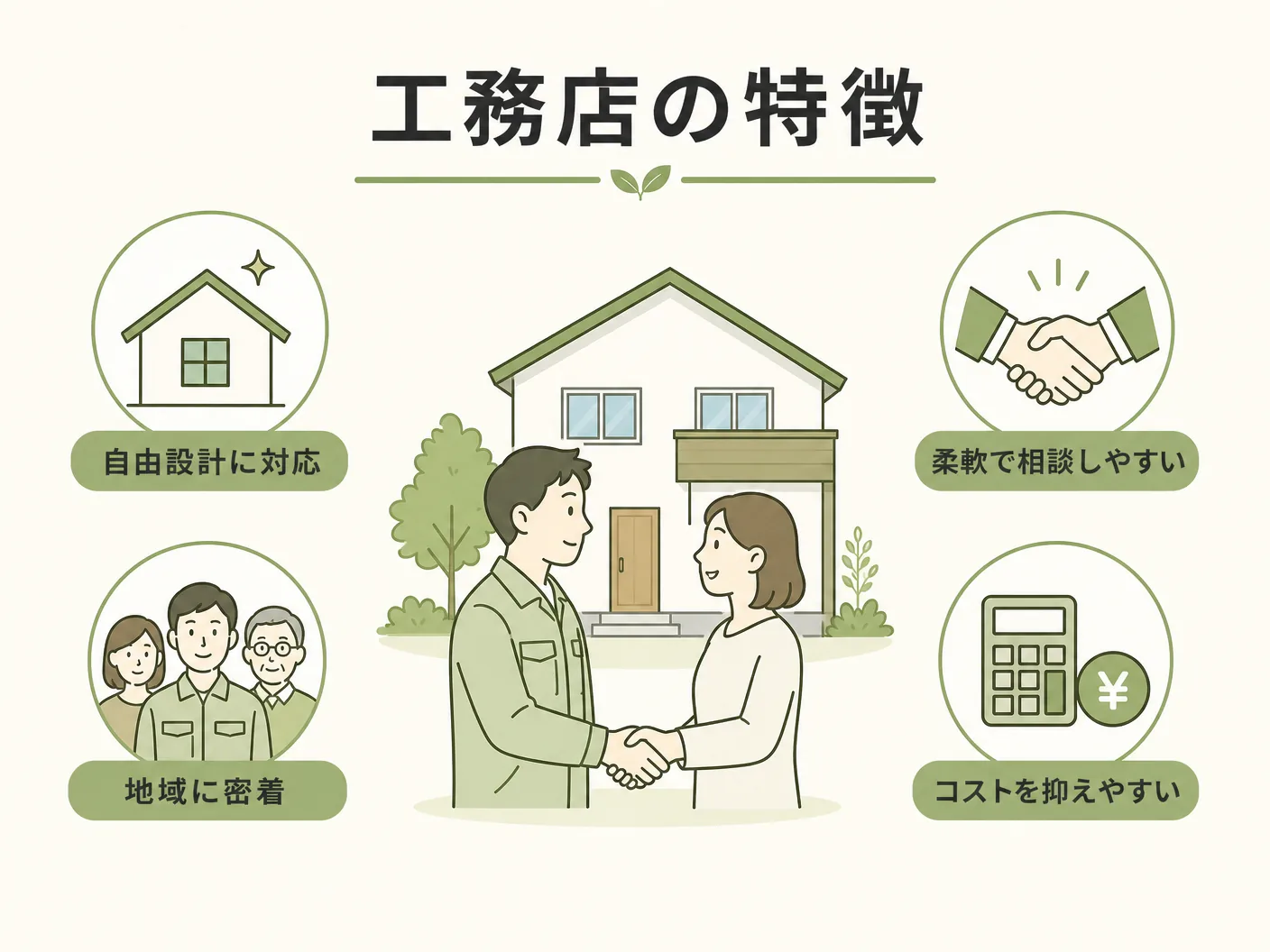 ハウスメーカー 違いの工務店の特徴を表す図解イラスト