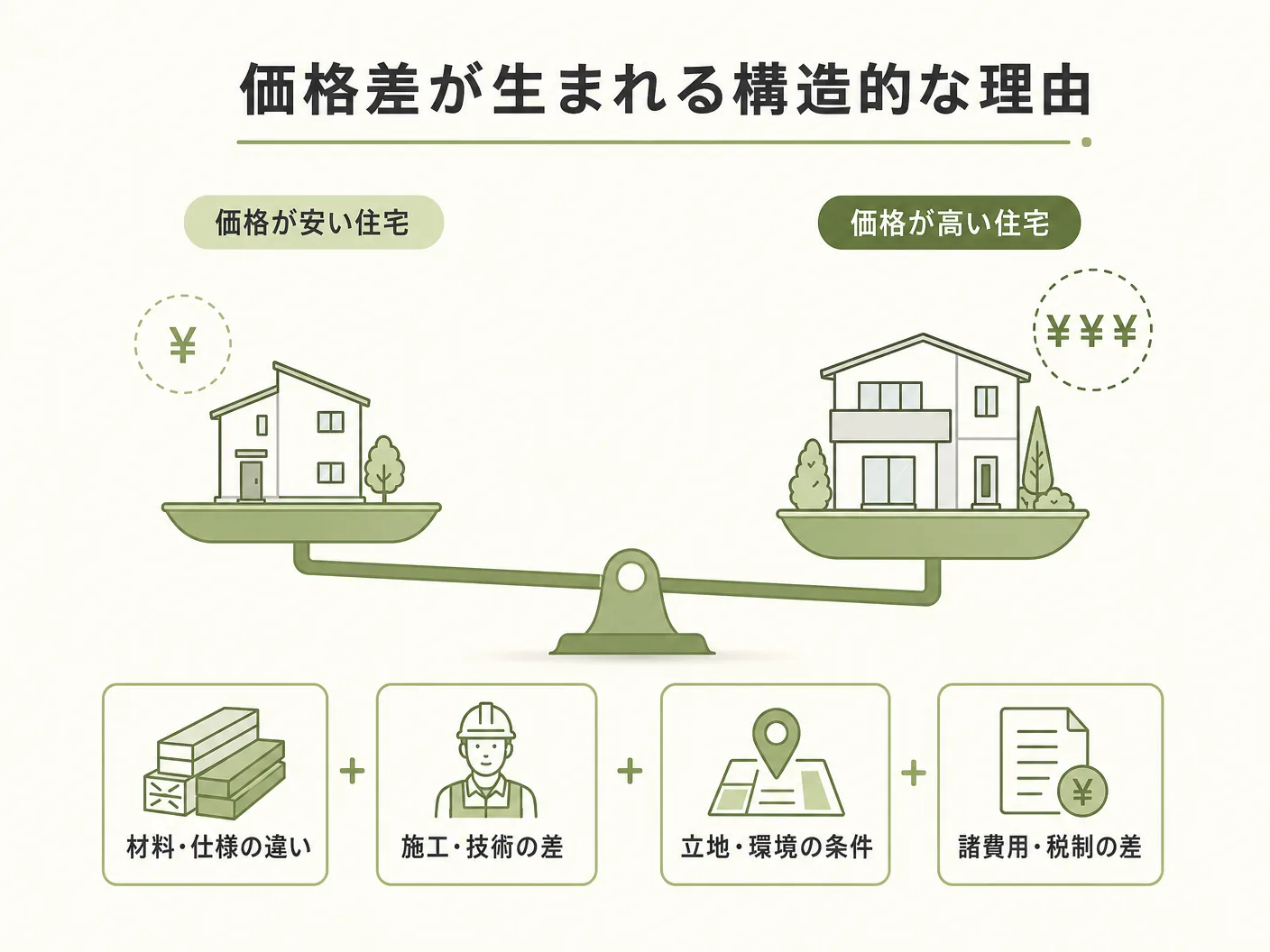 ハウスメーカー 工務店 違いの価格差が生まれる構造的な理由を表す図解イラスト