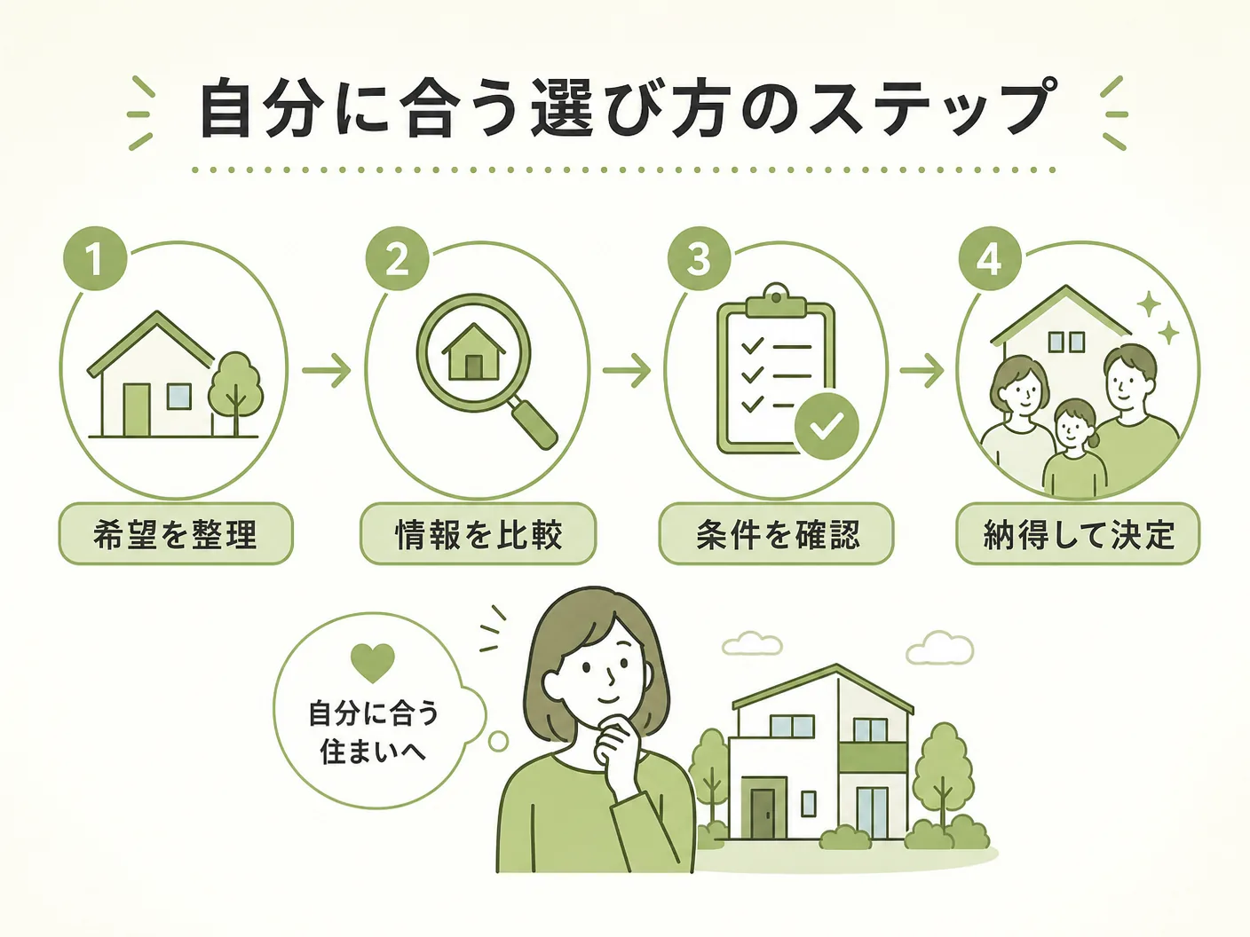 ハウスメーカー 工務店 違いの自分に合う選び方のステップを表す図解イラスト