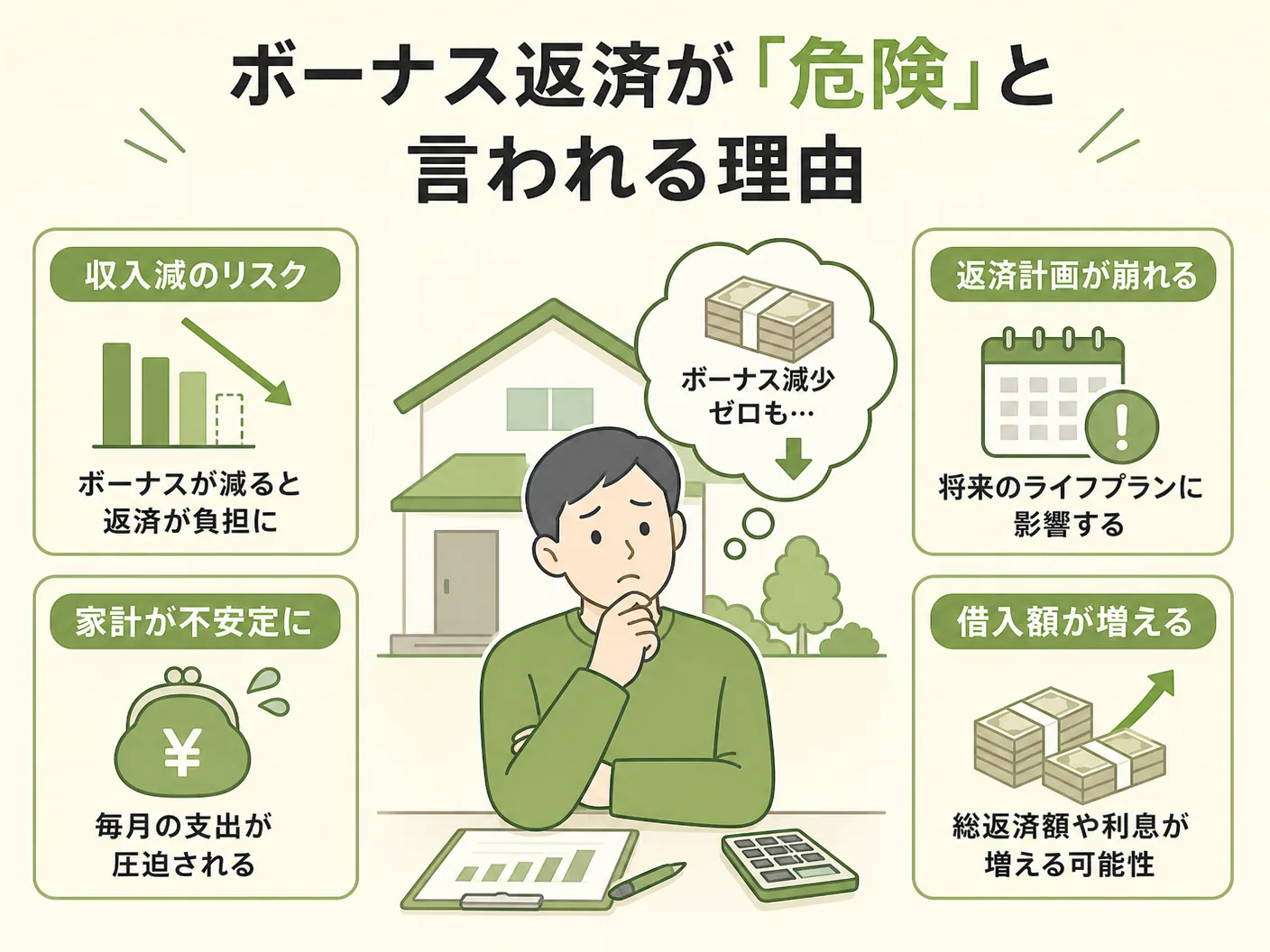 住宅ローンのボーナス返済が「危険」と言われる理由を表す図解イラスト