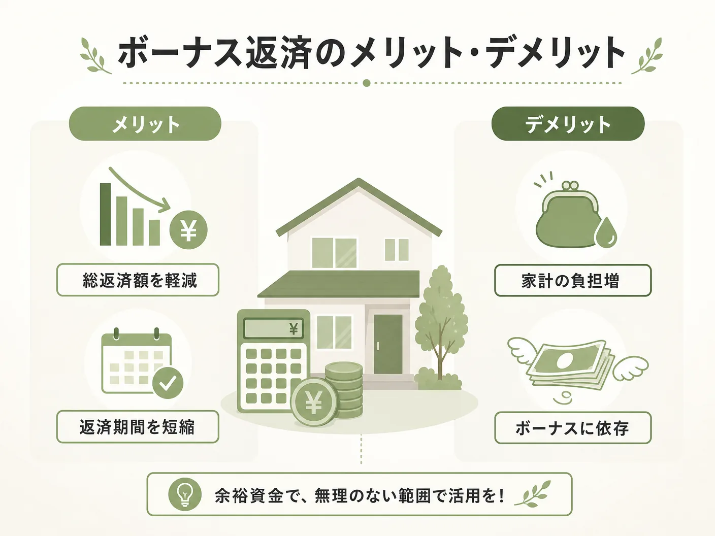 住宅ローン 危険のボーナス返済のメリット・デメリットを表す図解イラスト