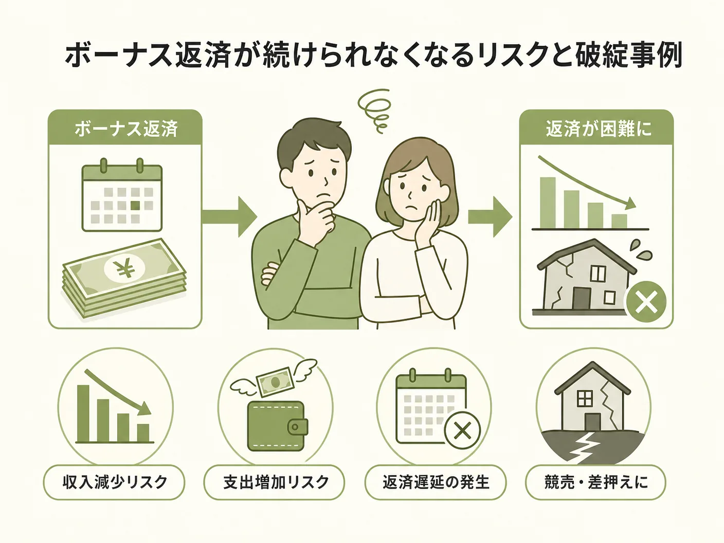 住宅ローン 危険のボーナス返済が続けられなくなるリスクと破綻事例を表す図解イラスト