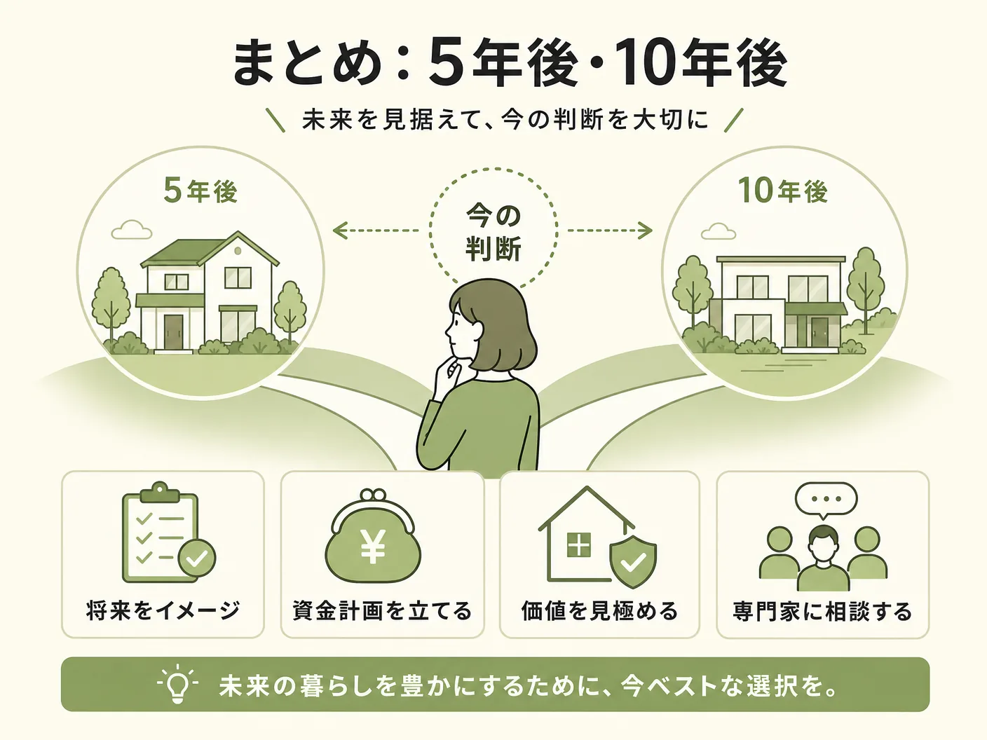 住宅購入のまとめ：5年後・10年後を見据えて今どう判断するかを表す図解イラスト