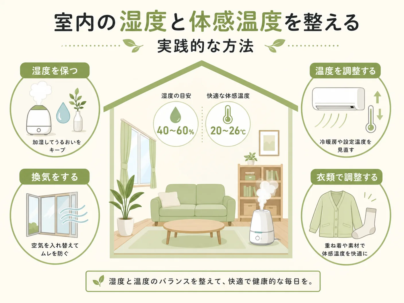室内の湿度と体感温度を整える実践的な方法を表す図解イラスト