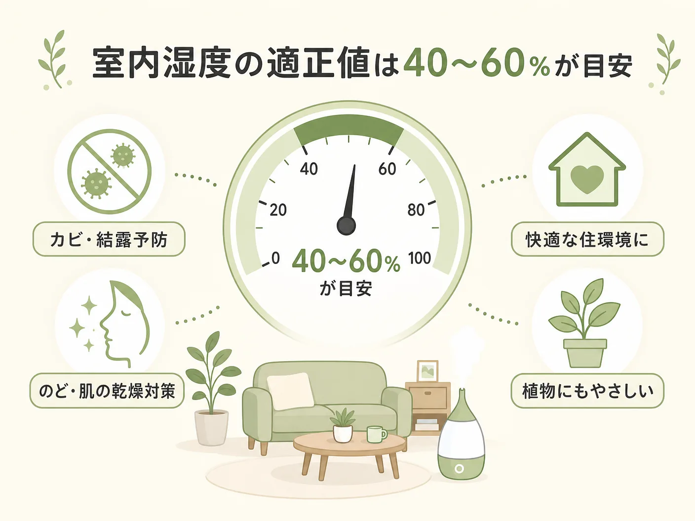 室内湿度の適正値は40〜60％が目安を表す図解イラスト