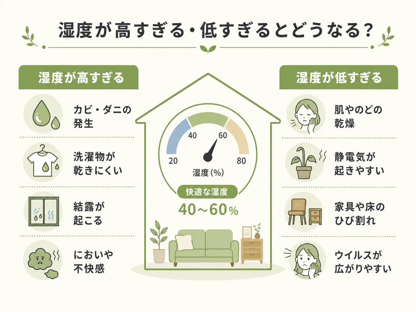 室内湿度の適正値の湿度が高すぎる・低すぎるとどうなる？を表す図解イラスト