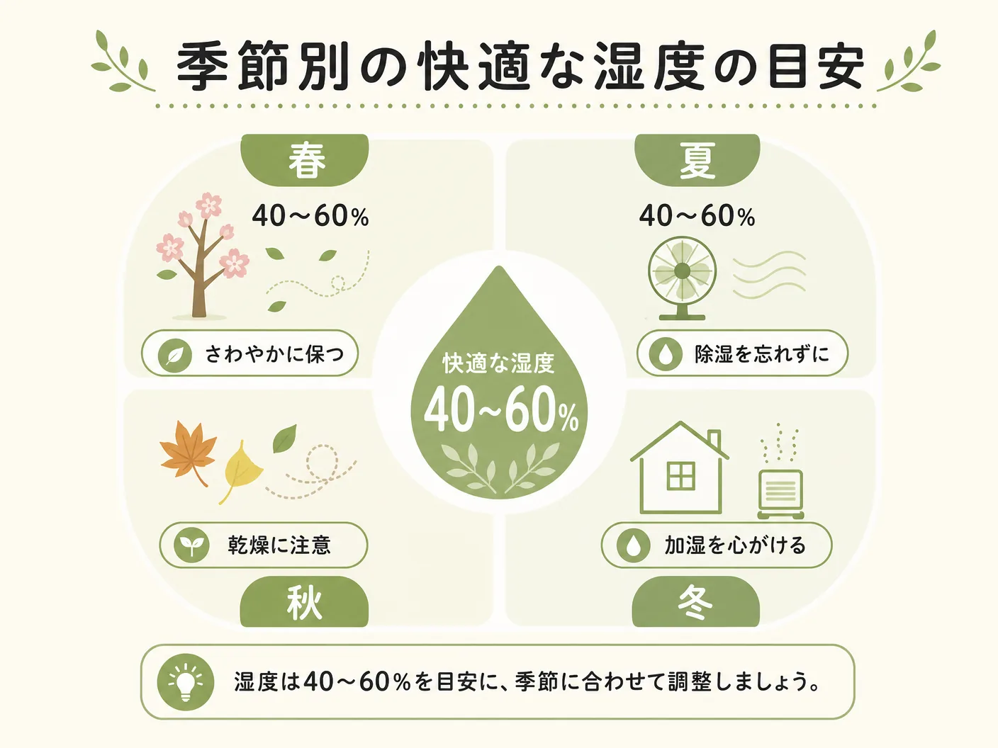 室内湿度の適正値の季節別の快適な湿度の目安を表す図解イラスト