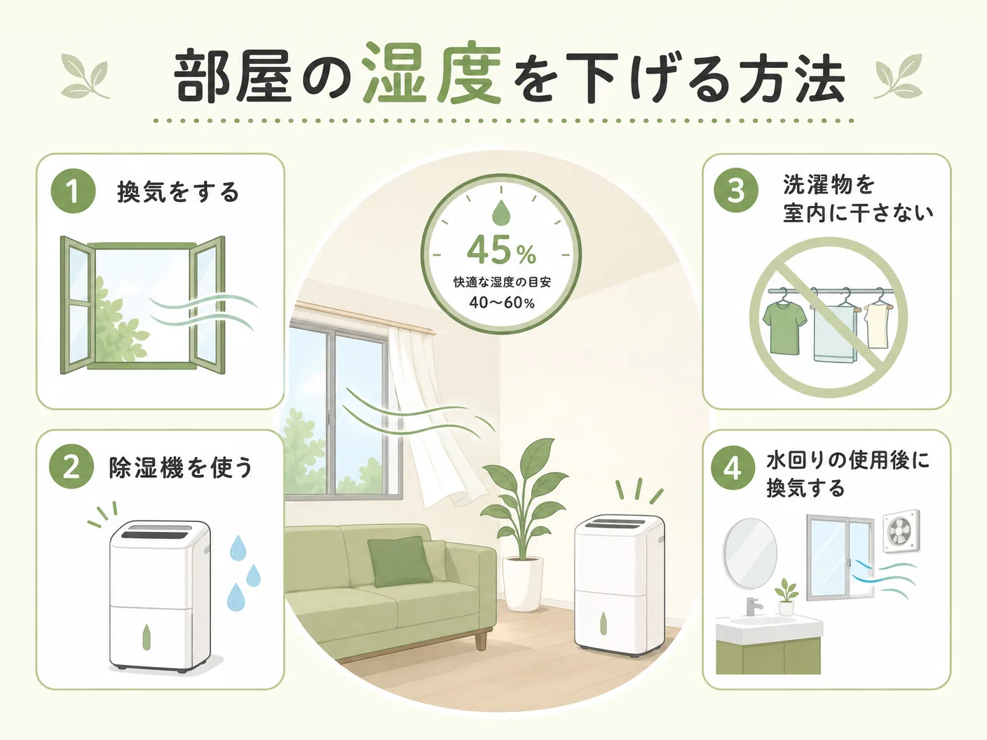 室内湿度の適正値の部屋の湿度を下げる方法を表す図解イラスト