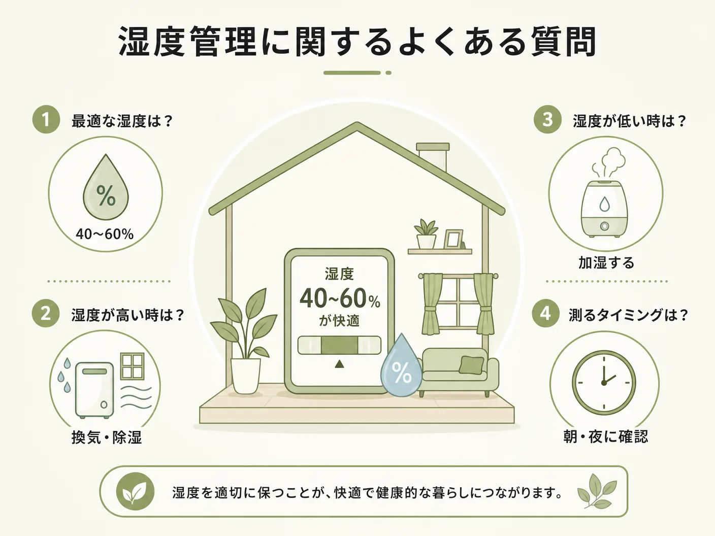 室内湿度の適正値の湿度管理に関するよくある質問を表す図解イラスト