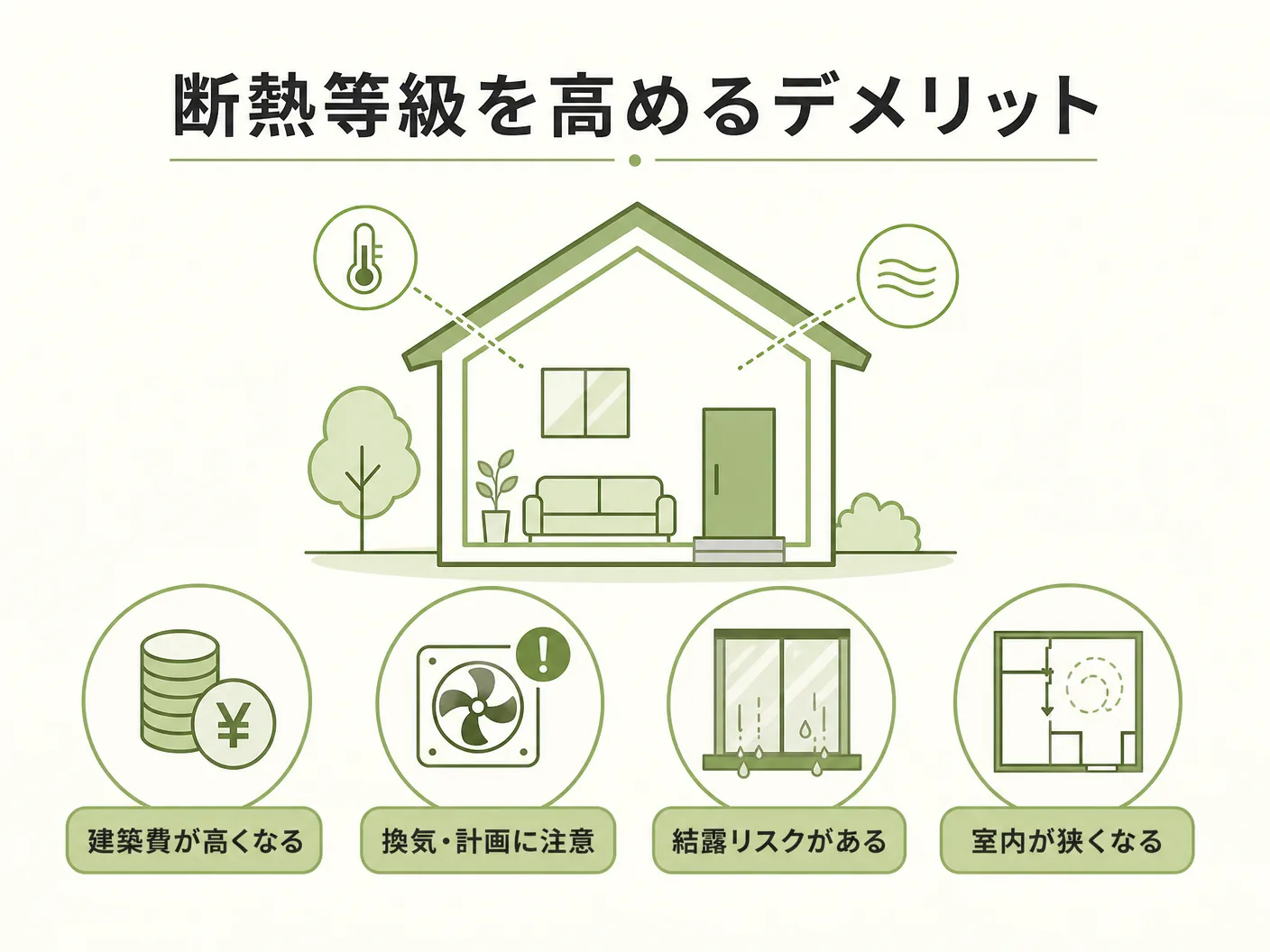 断熱等級を高めるデメリット・注意点を表す図解イラスト