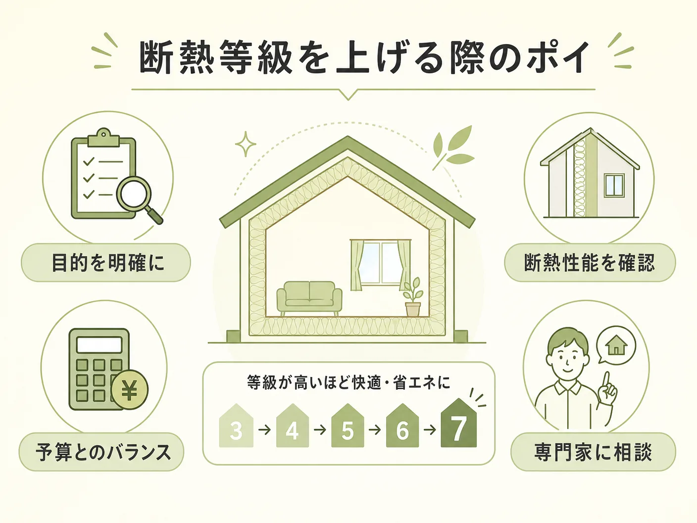 断熱等級を上げる際のポイントと選び方を表す図解イラスト