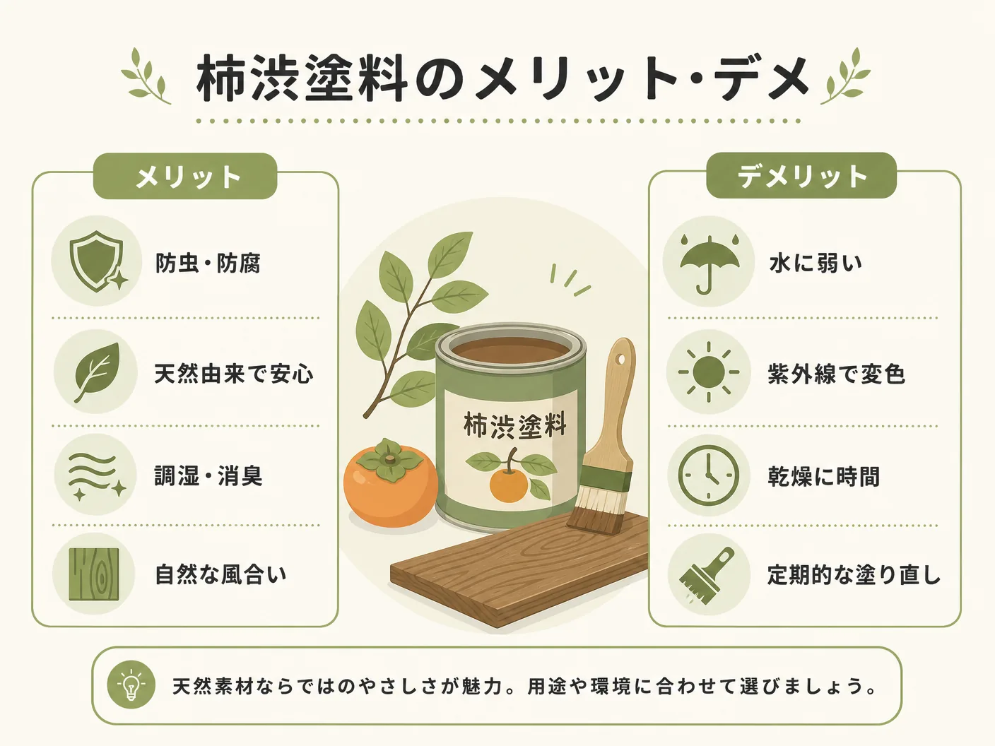 柿渋塗料のメリット・デメリットを表す図解イラスト