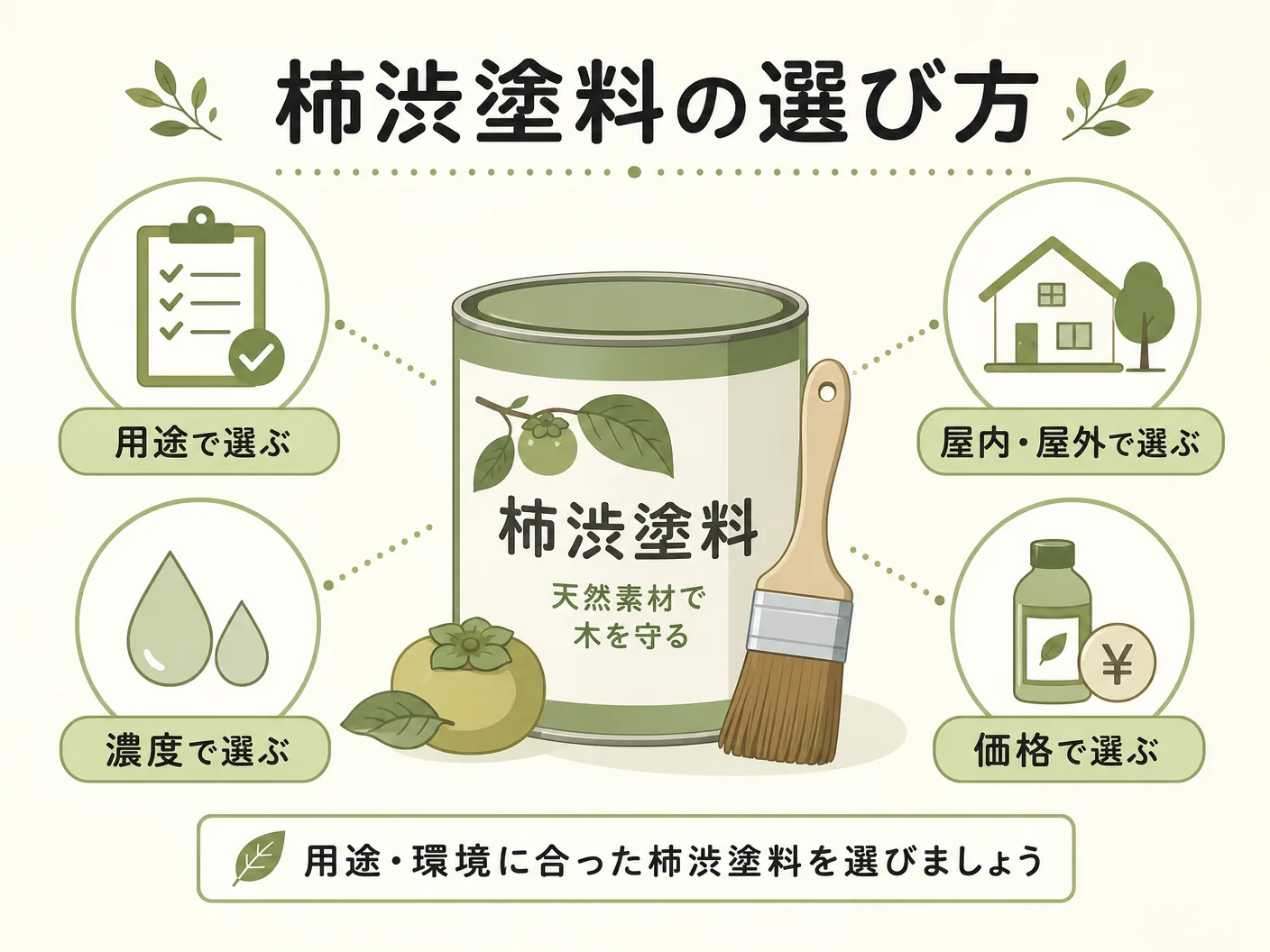 柿渋塗料の選び方を表す図解イラスト