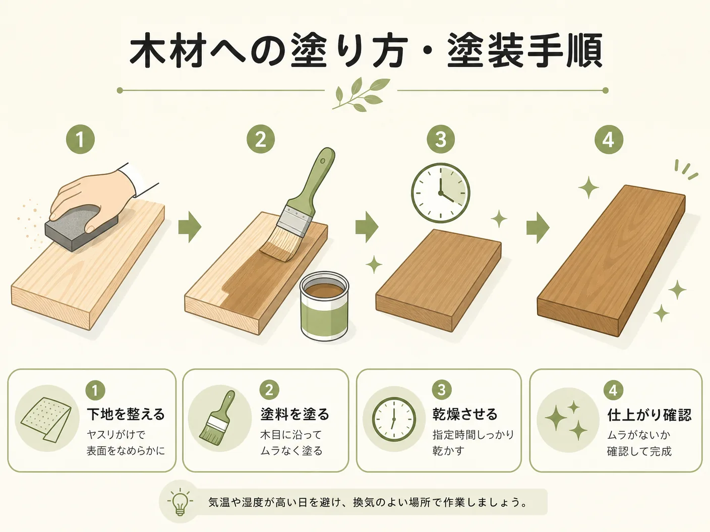柿渋塗料の木材への塗り方・塗装手順を表す図解イラスト