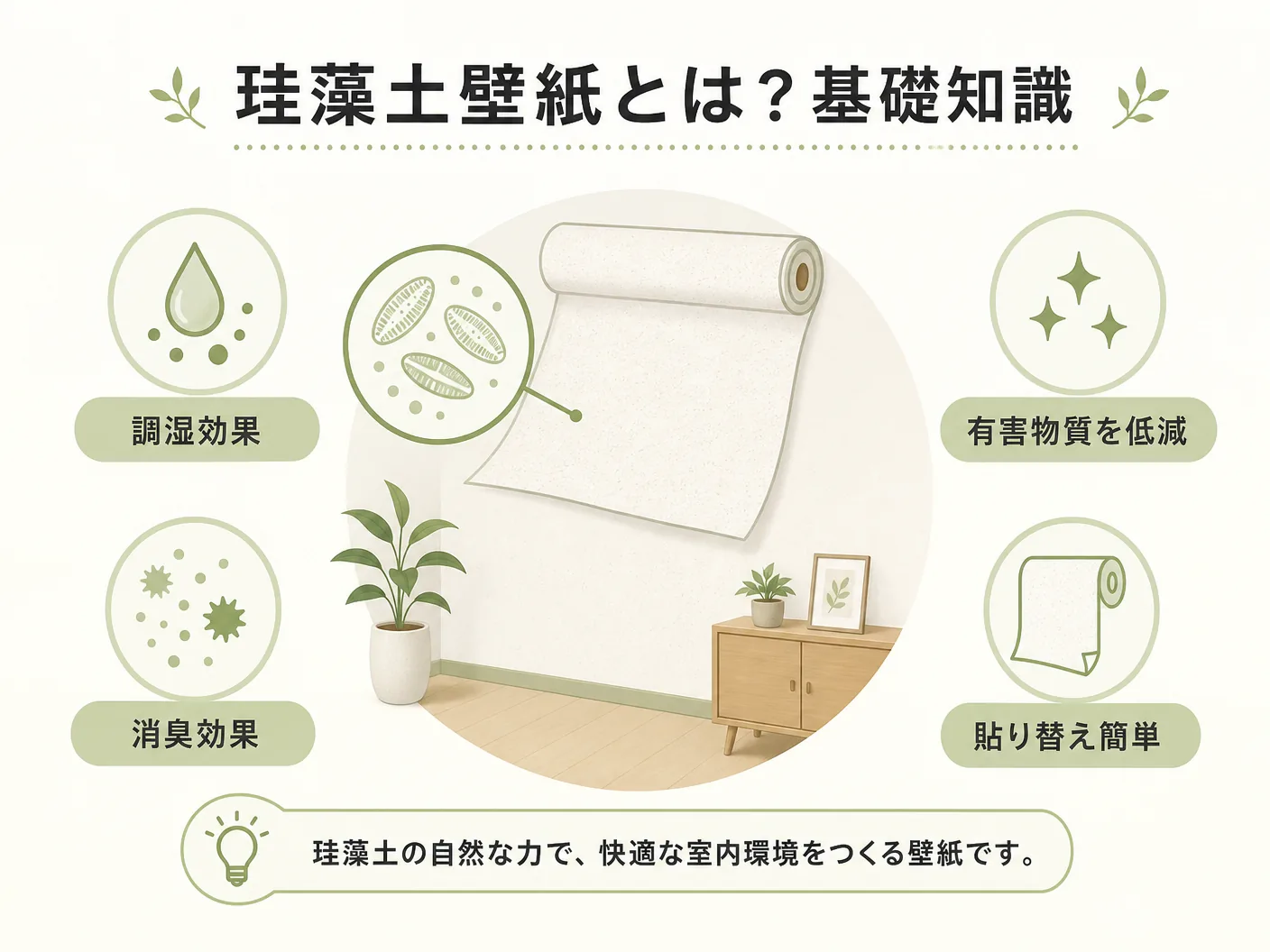 壁紙珪藻土の珪藻土壁紙とは？基礎知識をわかりやすく解説を表す図解イラスト