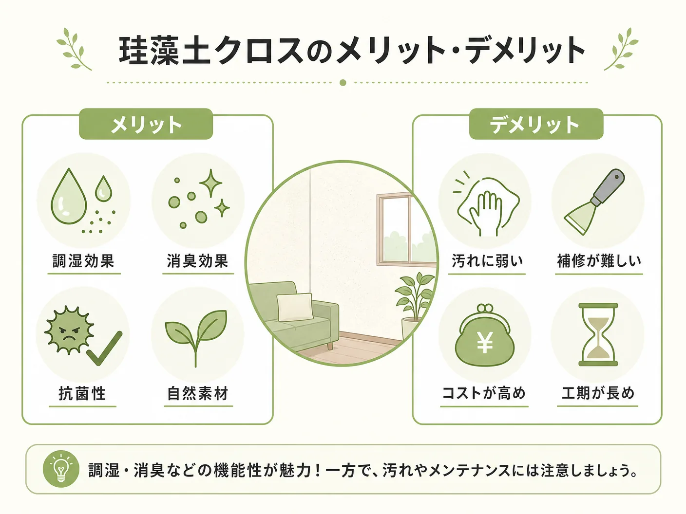 壁紙珪藻土の珪藻土クロスのメリット・デメリットを表す図解イラスト