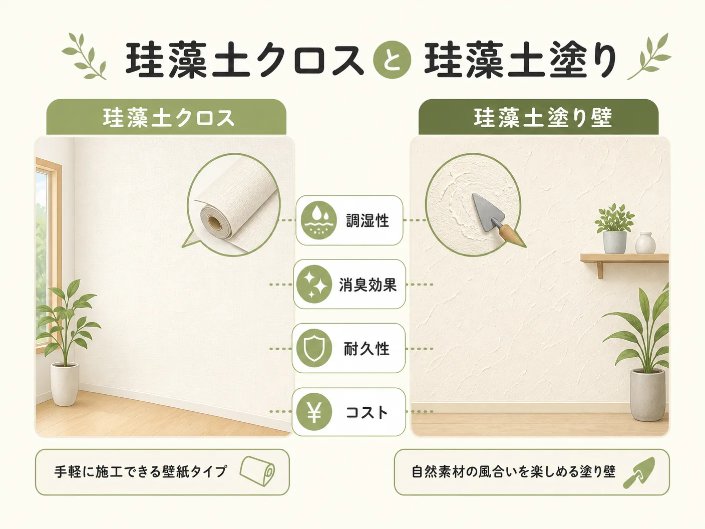 壁紙珪藻土の珪藻土クロスと珪藻土塗り壁の比較を表す図解イラスト