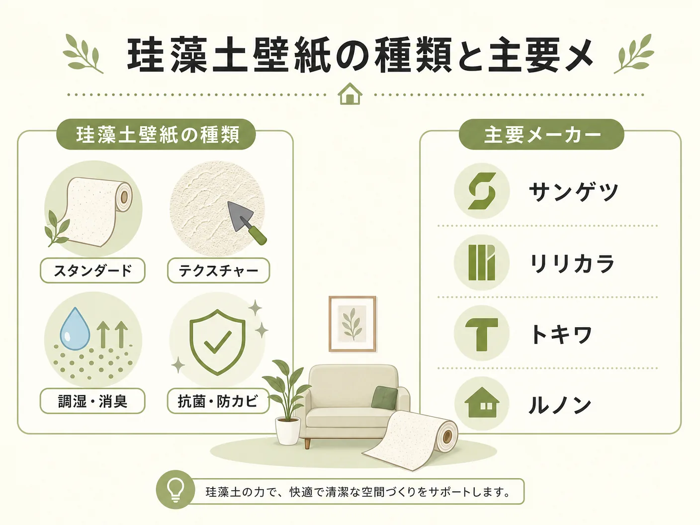 壁紙珪藻土の珪藻土壁紙の種類と主要メーカーを表す図解イラスト