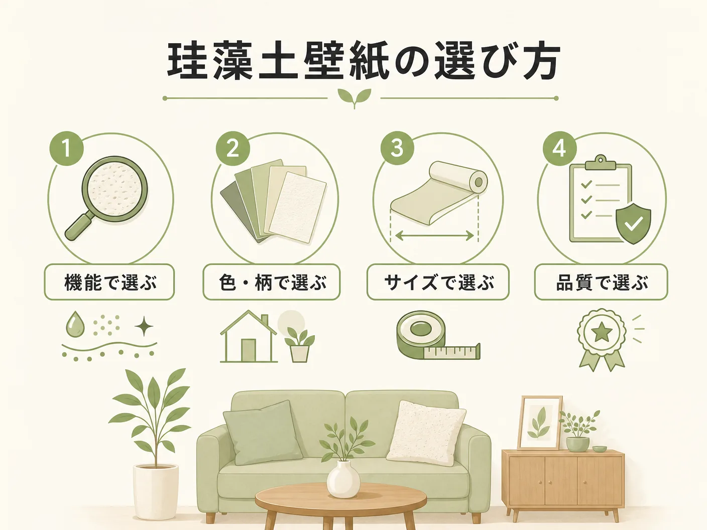 壁紙珪藻土の珪藻土壁紙の選び方を表す図解イラスト
