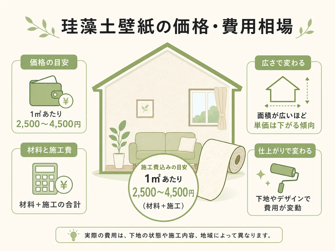 壁紙珪藻土の珪藻土壁紙の価格・費用相場を表す図解イラスト